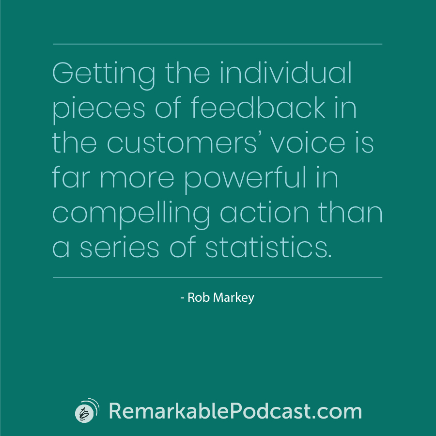 Quote Image: Getting the individual pieces of feedback in the customers' voice is for more powerful in compelling action than a series of statistics. Said by Rob Markey on The Remarkable Leadership Podcast